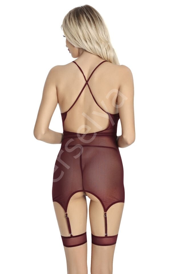 Bordo Bralet Kadın Jartiyer Gecelik Takımı  876