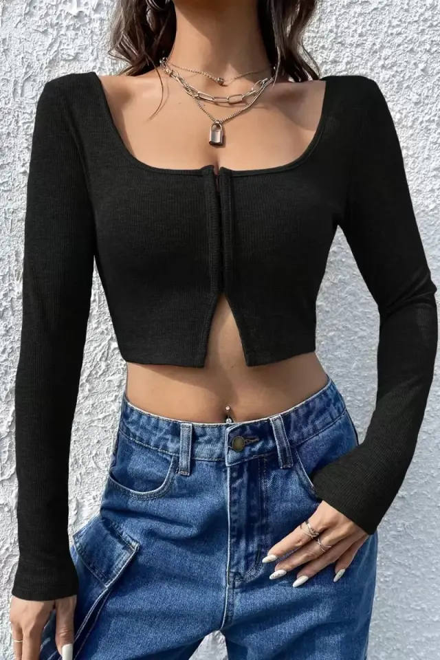 Kadın Siyah Agraflı Göğüs Ve Göbek Dekolteli Uzun Kollu Crop Top Bluz Premium Stil