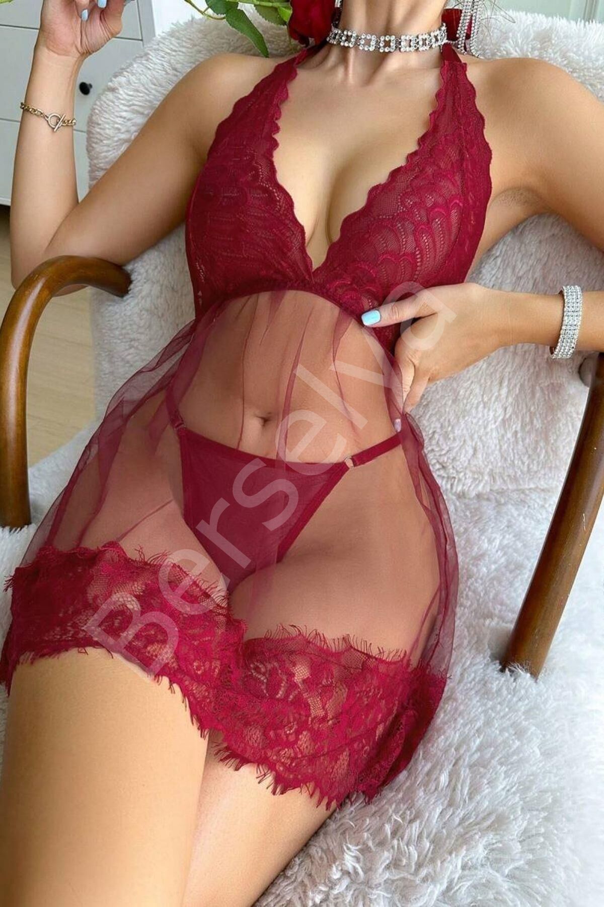 Bordo Boyundan Bağlamalı Gecelik 15618