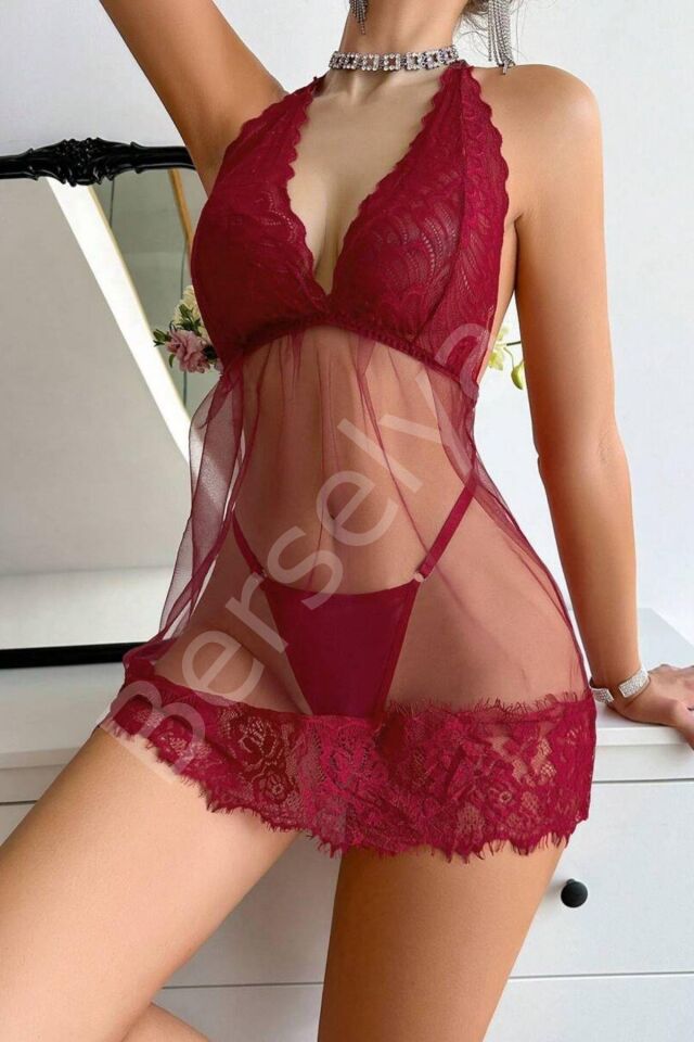 Bordo Boyundan Bağlamalı Gecelik 15618