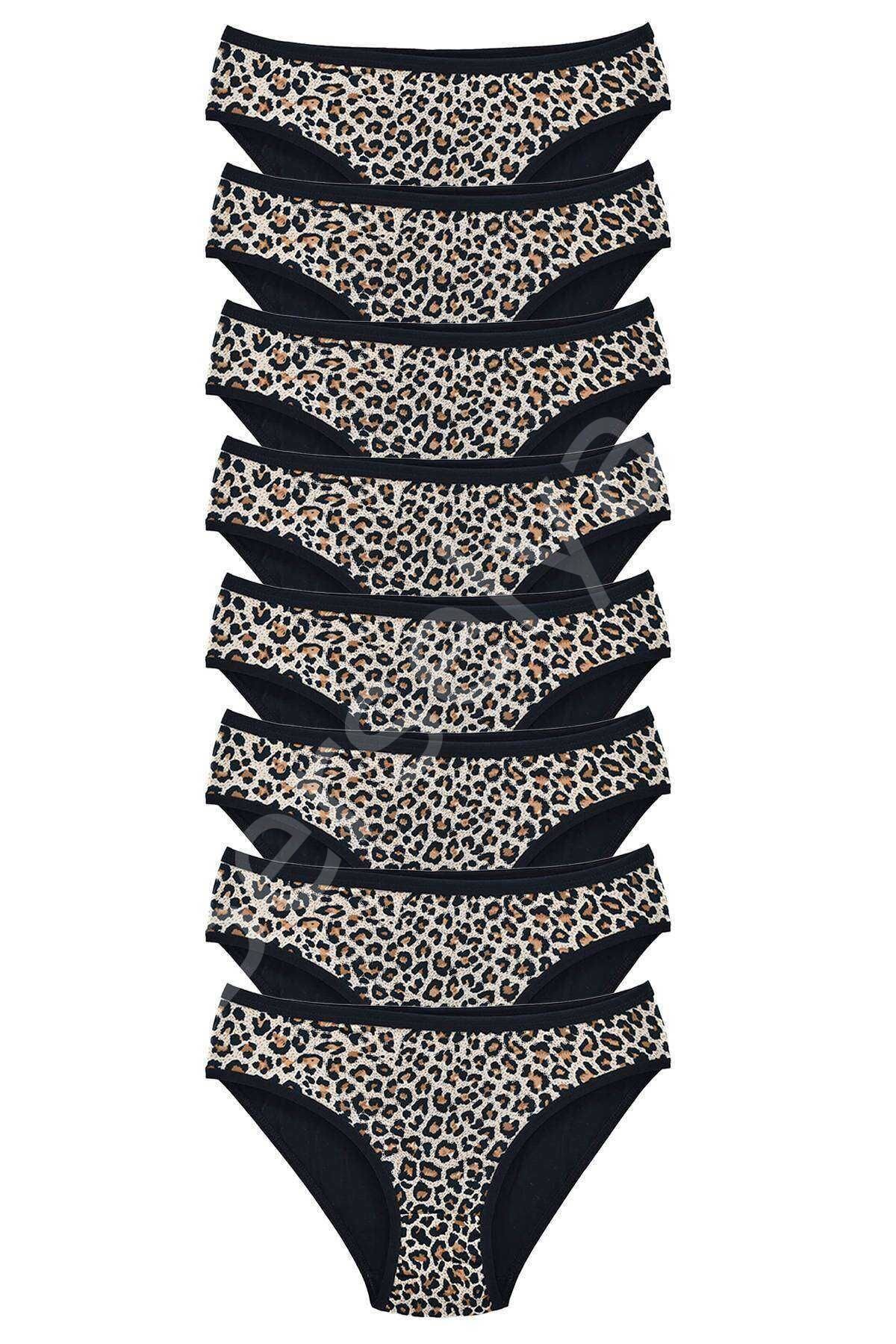 8 Adet Leopar Desenli Likralı Yumuşak Dokulu Kadın Slip Külot