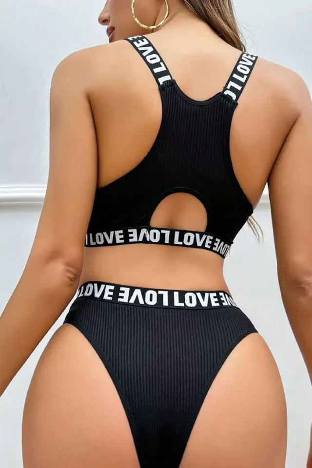 Kadın Siyah Çapraz Sırt Ve Love Lastik Detaylı Şık Sütyen Külot Takımı Premium İç Giyim