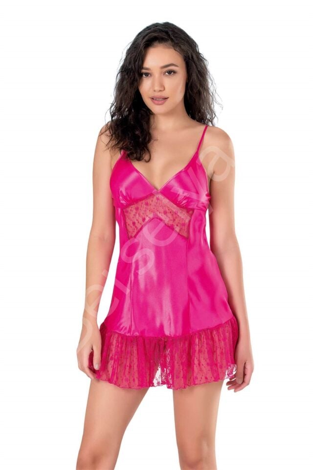 Fuşya Kısa Saten Gecelik
