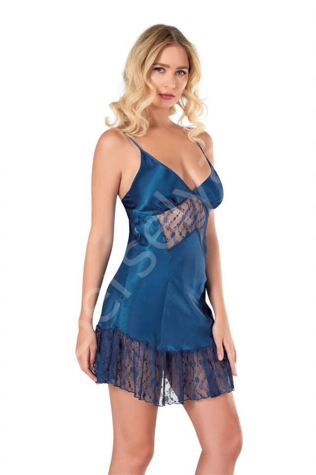 Petrol Mavisi Kısa Saten Gecelik
