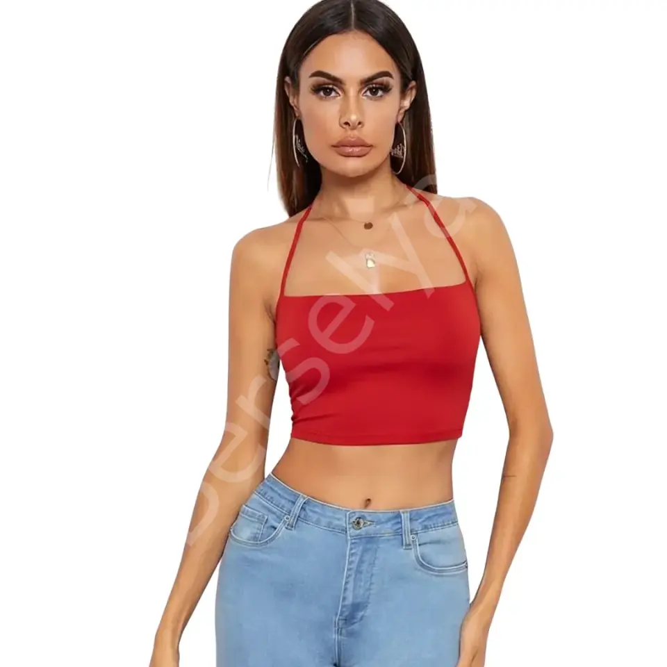 Kadın Sırtı Açık Kırmızı Belden Bağlamalı Crop Büstiyer