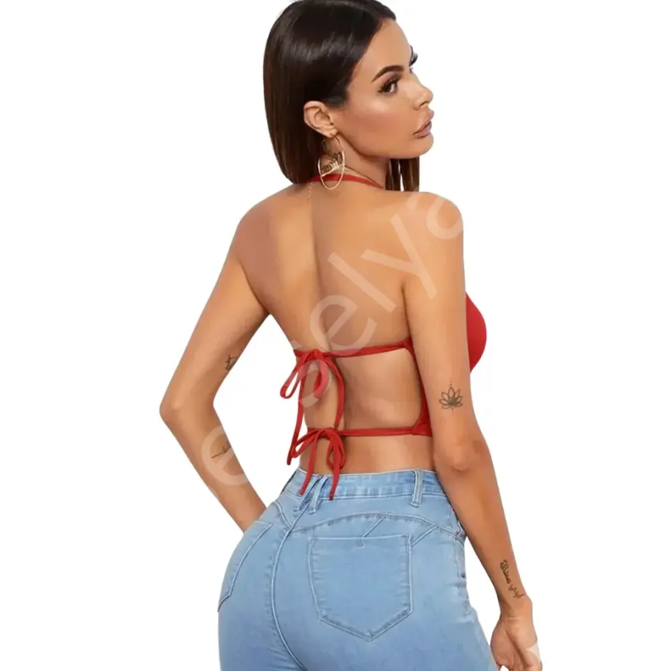 Kadın Sırtı Açık Kırmızı Belden Bağlamalı Crop Büstiyer