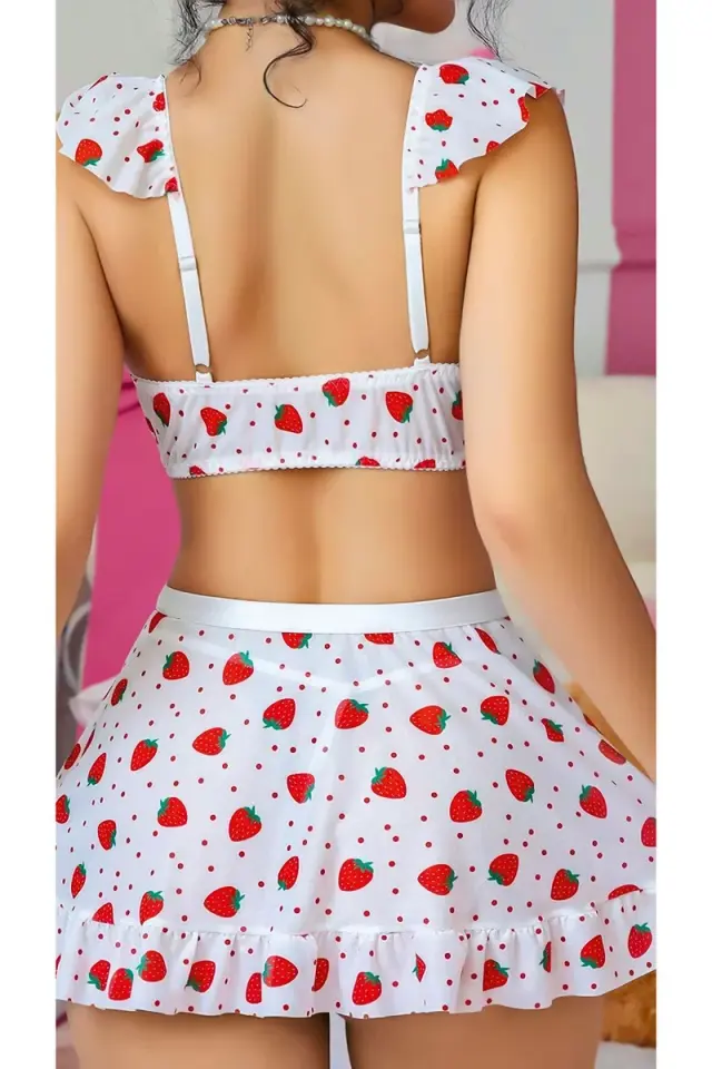 Fantezi Kadın Seksi Kırmızı Beyaz Kırmızı Çilek Baskılı Desen Fantazi Hizmetçi Kostümü