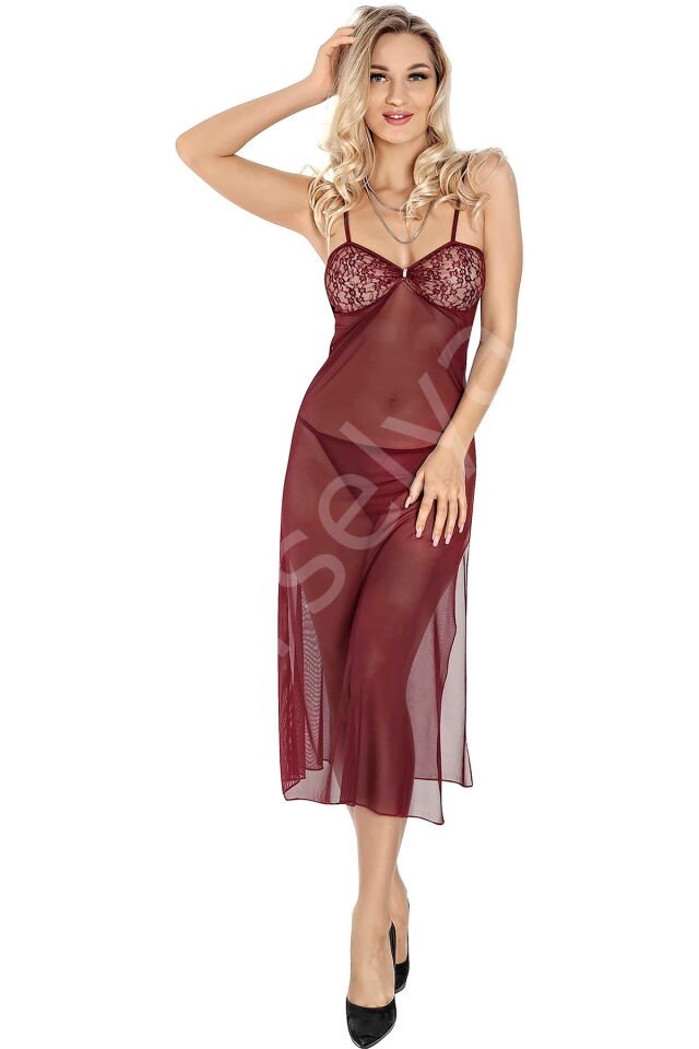 Bordo Transparan Fantezi Uzun Gecelik 1835