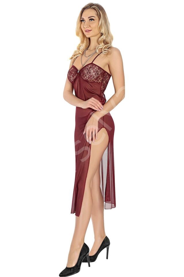Bordo Transparan Fantezi Uzun Gecelik 1835