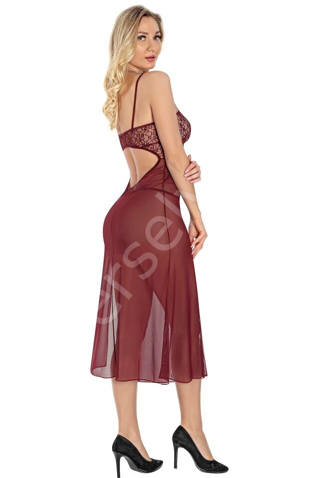 Bordo Transparan Fantezi Uzun Gecelik 1835