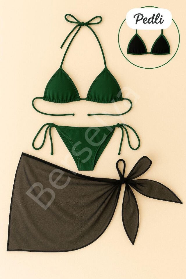 Kadın Yeşil Siyah Pareolu Yandan Ve Boyundan Bağlamalı 3'lü Bikini Takımı