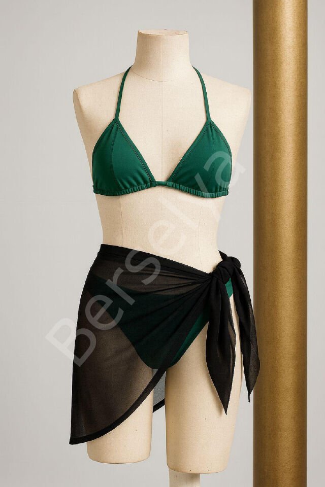 Kadın Yeşil Siyah Pareolu Yandan Ve Boyundan Bağlamalı 3'lü Bikini Takımı