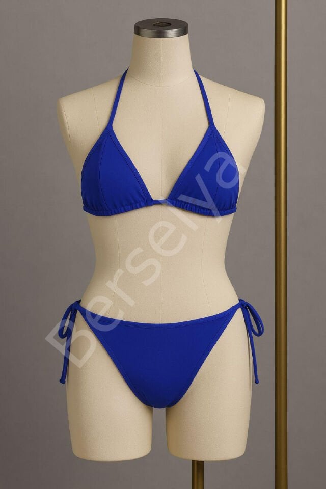 Kadın Mavi Yandan Ve Boyundan Bağlamalı Bikini Mayo Takımı