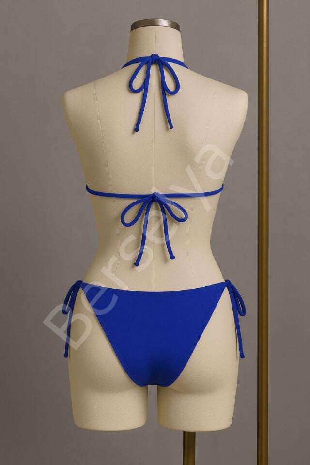 Kadın Mavi Yandan Ve Boyundan Bağlamalı Bikini Mayo Takımı