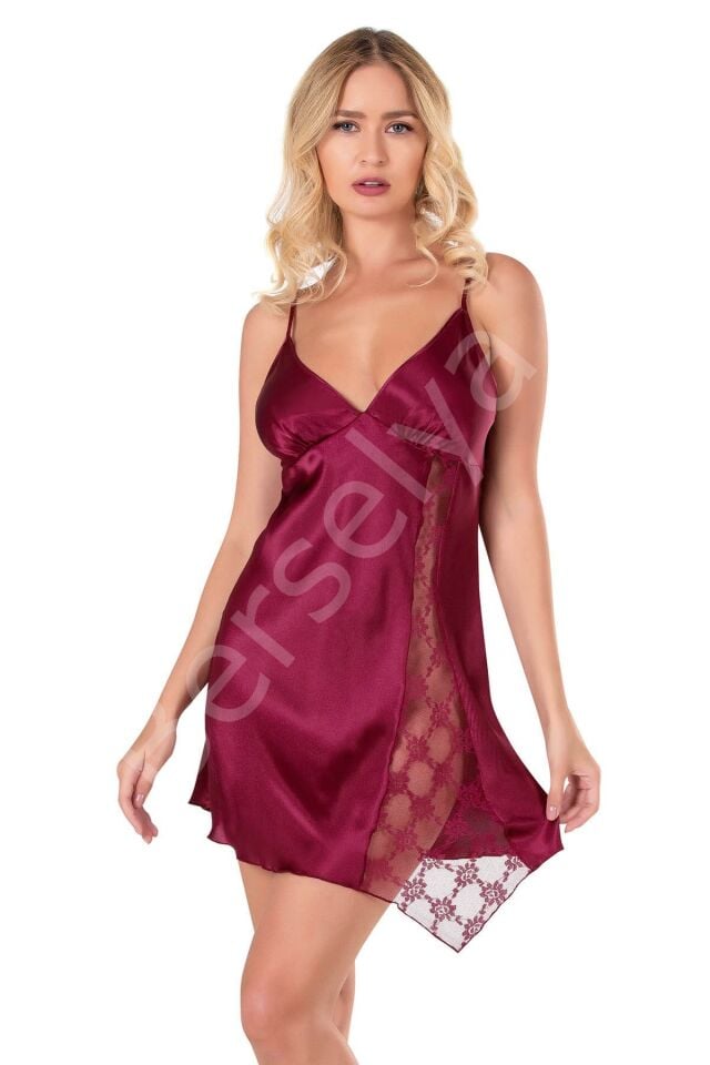 Bordo Kısa Saten Gecelik