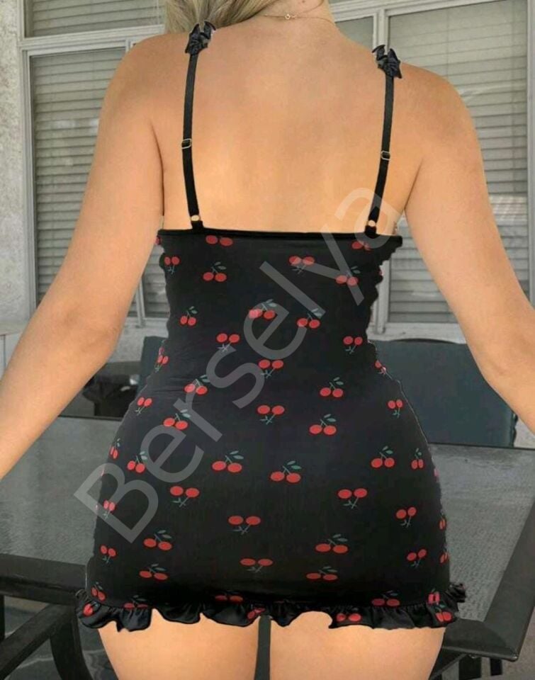 Kiraz Baskılı Mini Elbise | Siyah Üzeri Kırmızı Desenli, Beden Saran