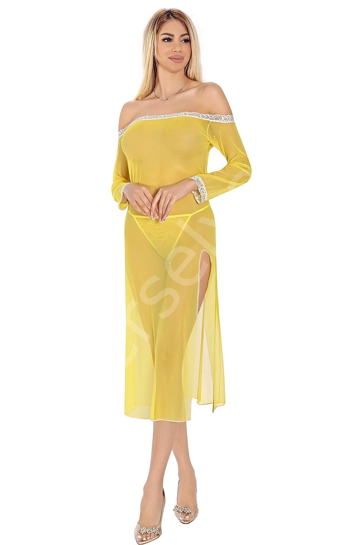 Sarı Straplez Uzun Gecelik 1831