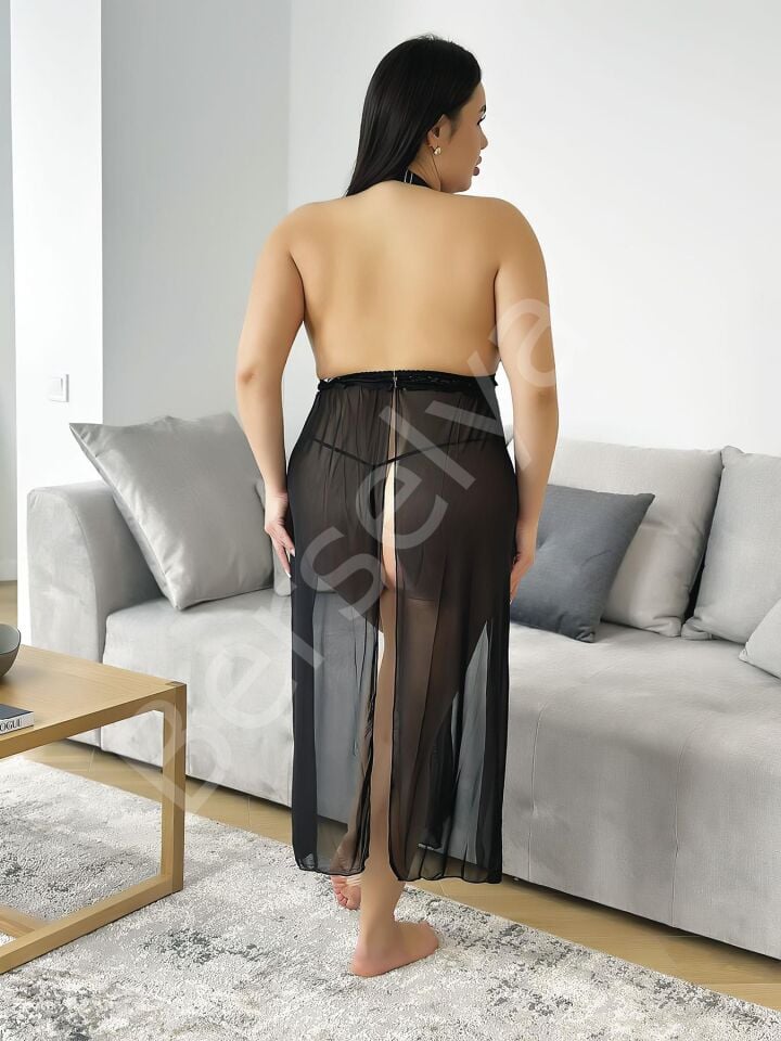 Derin Yırtmaçlı Büyük Beden Siyah Fantezi Gecelik