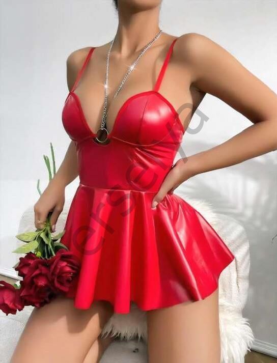 Kırmızı Parlak Lame Fantezi Deri Elbise