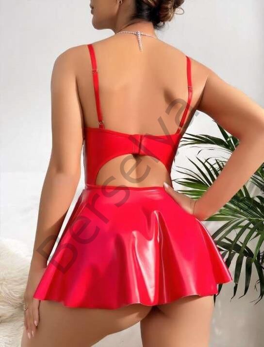 Kırmızı Parlak Lame Fantezi Deri Elbise