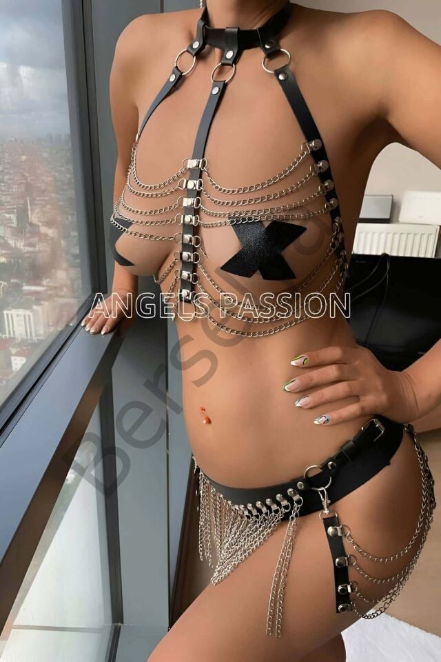 Zincir Sütyenli Zincir Etekli Şık Deri Takım