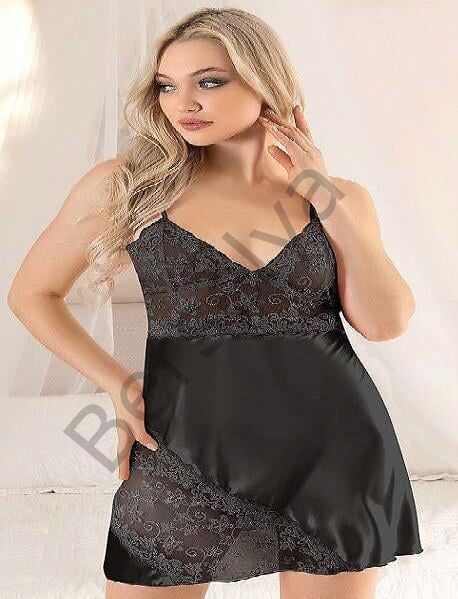 Siyah Dantel İşlemeli İnce Askılı Saten Kısa Fantezi Gecelik