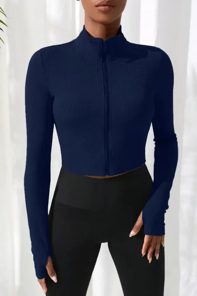 Kadın Lacivert Dik Yaka Fermuarlı Uzun Kollu Parmak Geçmeli Crop Top Spor Bluz