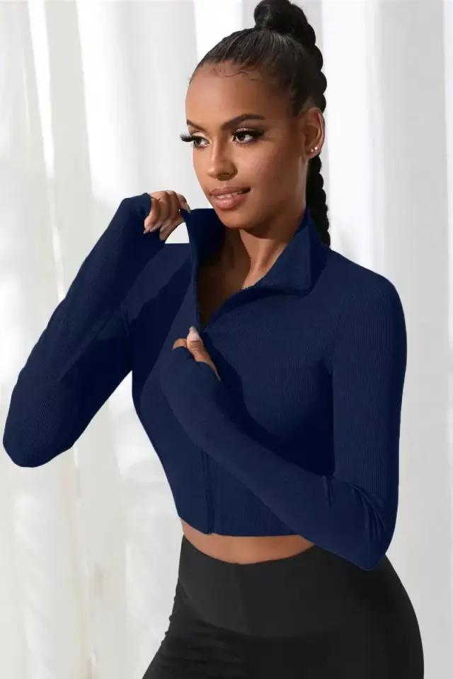 Kadın Lacivert Dik Yaka Fermuarlı Uzun Kollu Parmak Geçmeli Crop Top Spor Bluz