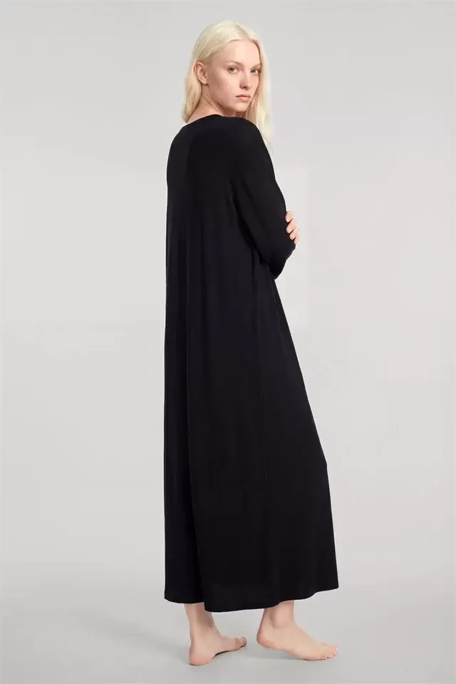 Kadın Siyah Yumuşak Dokulu Dökümlü Uzun Kimono Şık Ve Rahat Ev Giyim