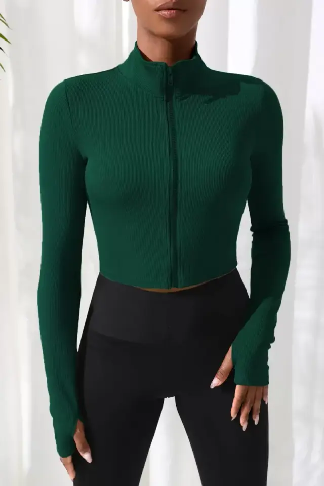 Yeşil Dik Yaka Fermuarlı Uzun Kollu Parmak Geçmeli Crop Top Spor Bluz