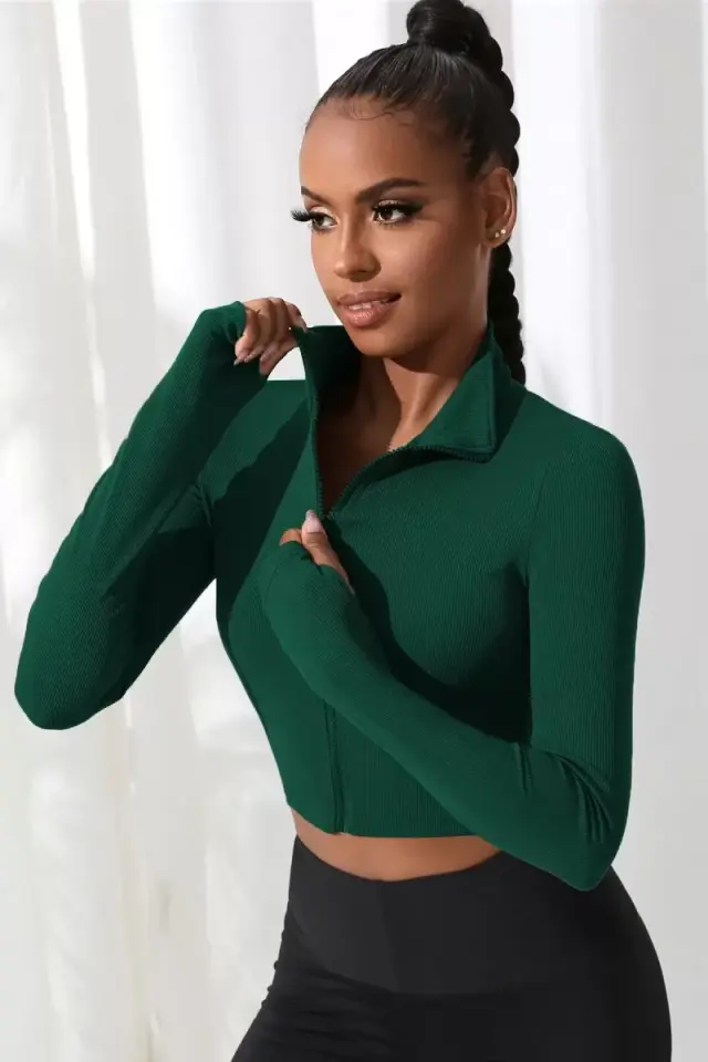 Yeşil Dik Yaka Fermuarlı Uzun Kollu Parmak Geçmeli Crop Top Spor Bluz