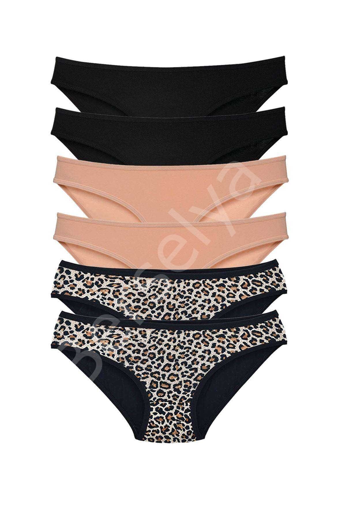 6 Adet Likralı Kadın Slip Külot Leopar Siyah Ten