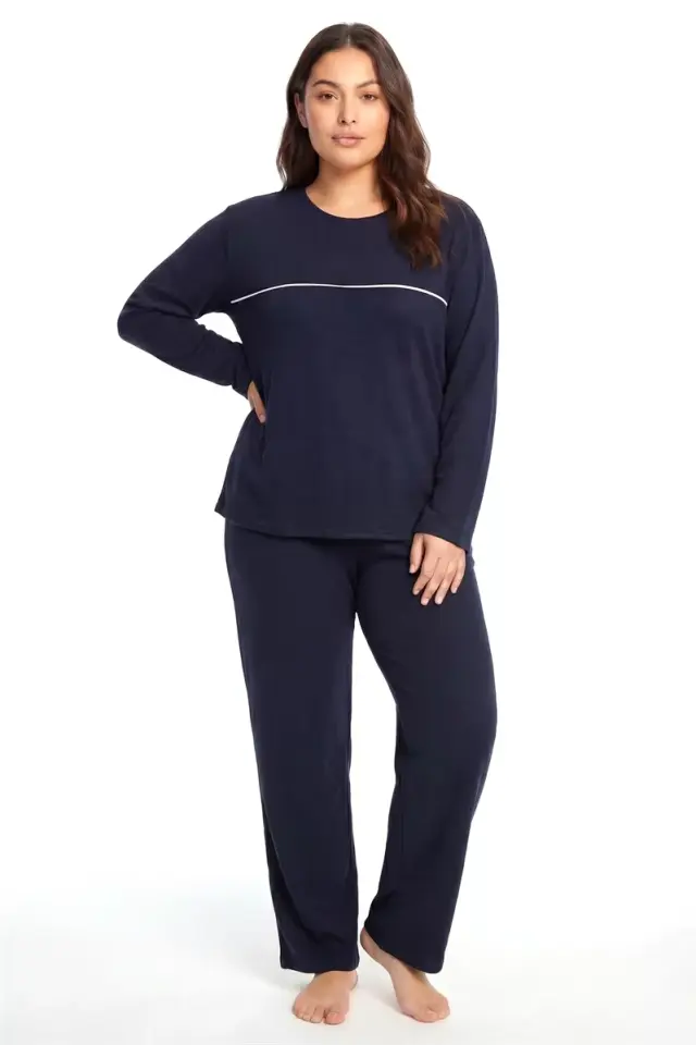 Kadın Büyük Beden Lacivert Uzun Kollu Pijama Takımı Şerit Detaylı Rahat Ev Giyim Seti