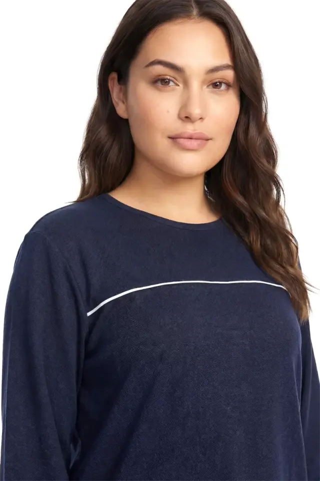 Kadın Büyük Beden Lacivert Uzun Kollu Pijama Takımı Şerit Detaylı Rahat Ev Giyim Seti