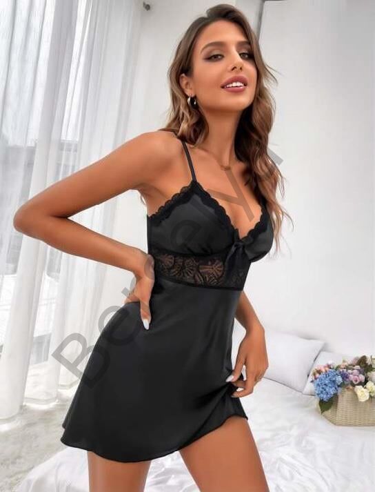 Siyah Dantel Detaylı İnce Askılı Saten Kısa Fantezi Gecelik