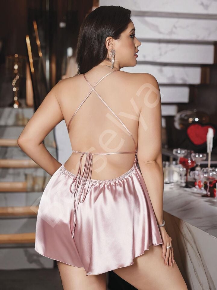 Büyük Beden Pudra Arkadan Bağlamalı Tulum Saten Babydoll Gecelik