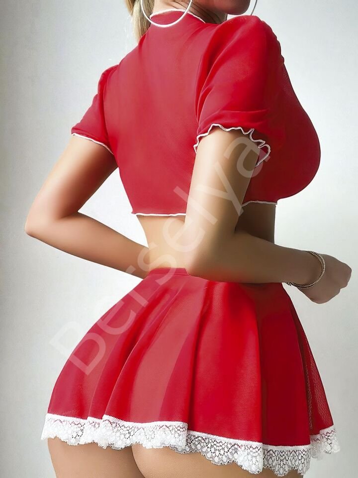 Kadın Kırmızı Etekli Kalp Detaylı Fantezi İkili Takım