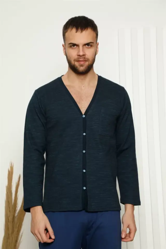 Erkek %100 Pamuk Önden Düğmeli Cepli Uzun Kollu Pijama Takımı Lacivert