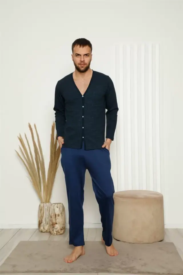 Erkek %100 Pamuk Önden Düğmeli Cepli Uzun Kollu Pijama Takımı Lacivert