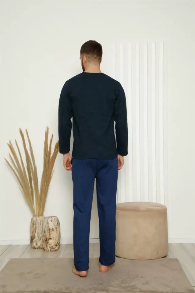 Erkek %100 Pamuk Önden Düğmeli Cepli Uzun Kollu Pijama Takımı Lacivert