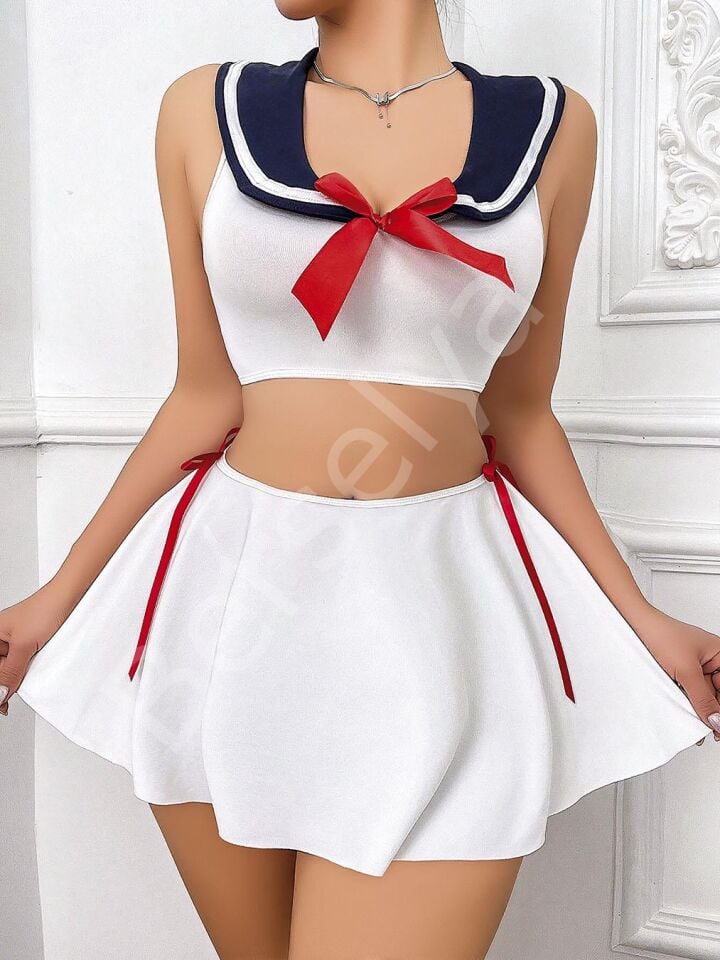 Kadın Beyaz Etekli Fantezi Denizci Kız Kostümü