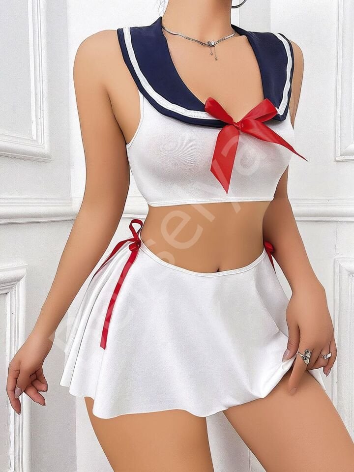 Kadın Beyaz Etekli Fantezi Denizci Kız Kostümü