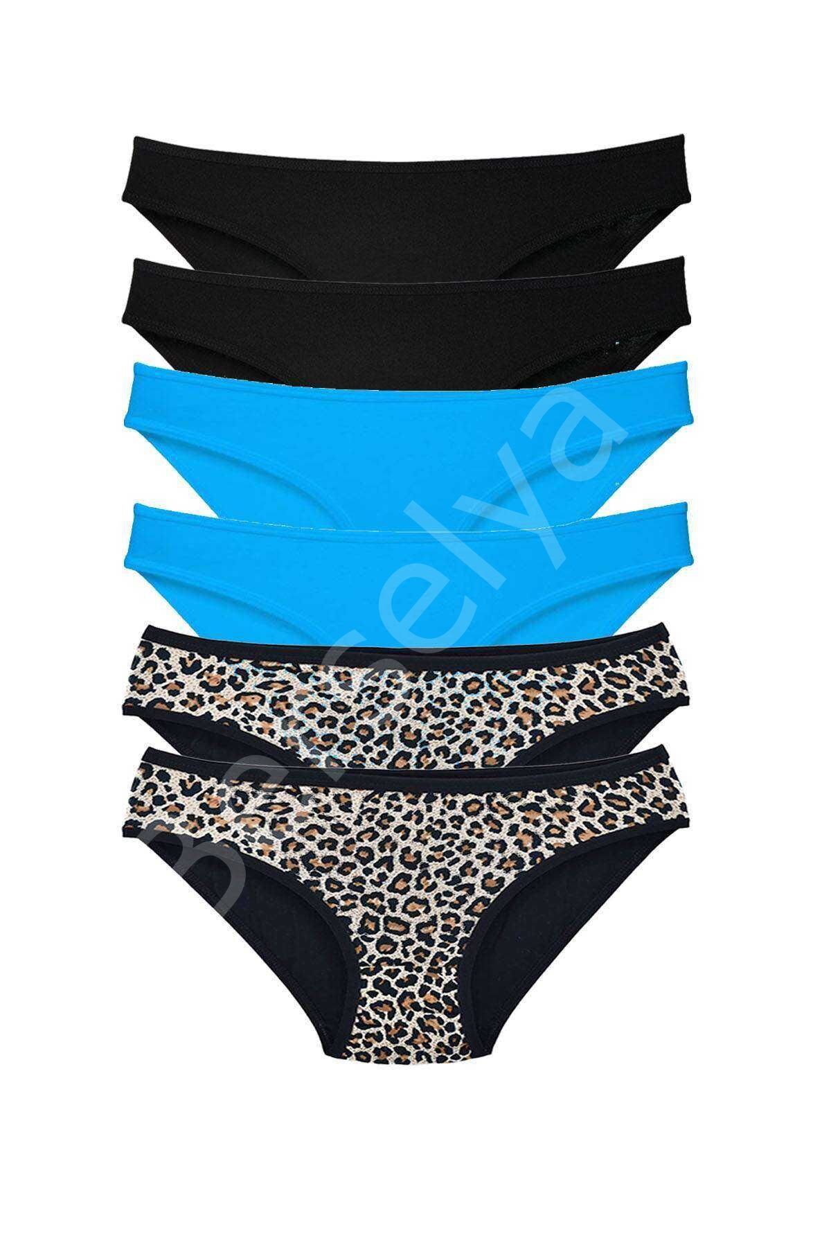 6 Adet Likralı Kadın Slip Külot Leopar Siyah Mavi