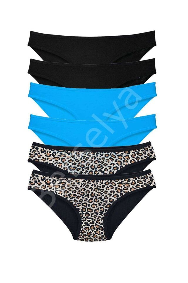 6 Adet Likralı Kadın Slip Külot Leopar Siyah Mavi