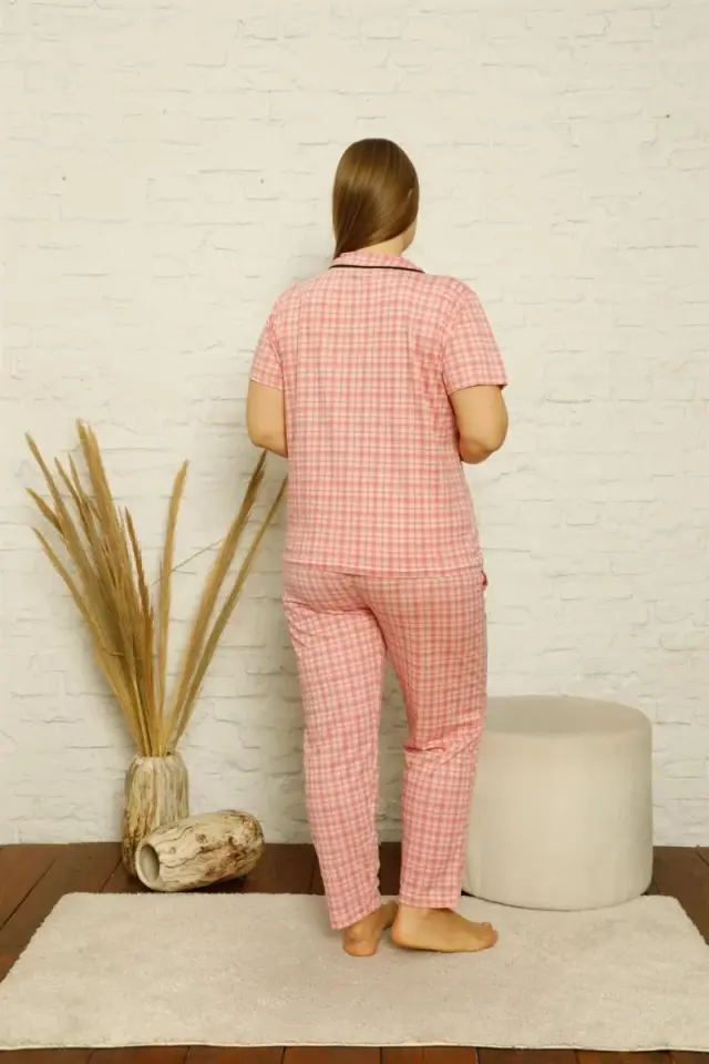 Kadın Pamuklu Cepli Kısa Kol Büyük Beden Pijama Takım Pembe