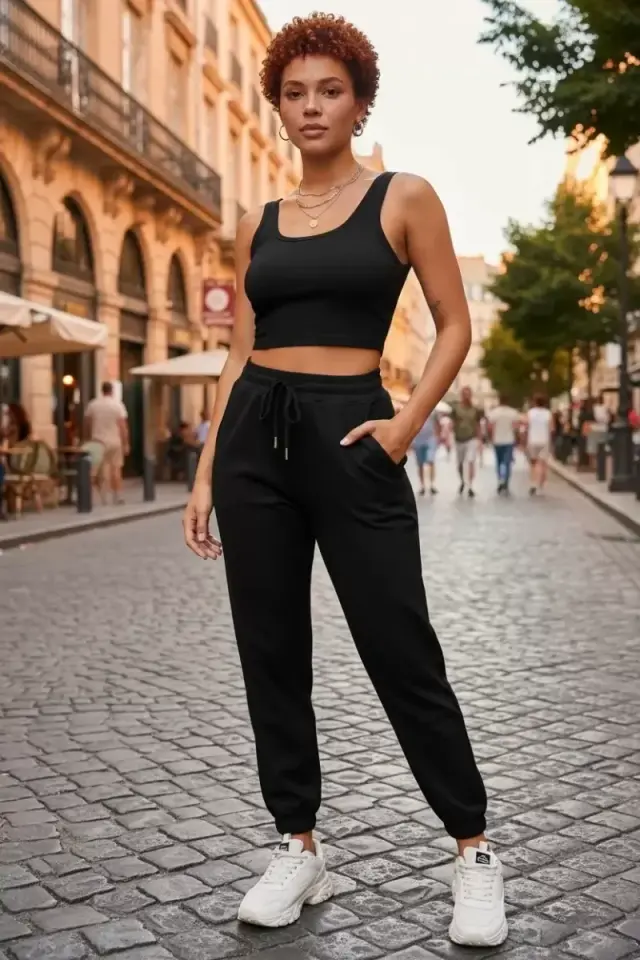 Kadın Siyah Premium Görünümlü Kaşkorse Cepli Jogger Eşofman Altı Ve Crop Top Bluz Takımı