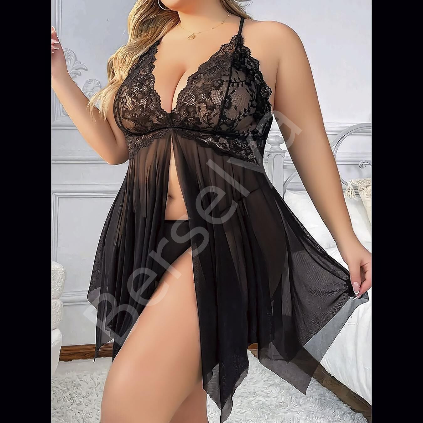 Kadın Siyah Tül Transparan Fantezi Gecelik