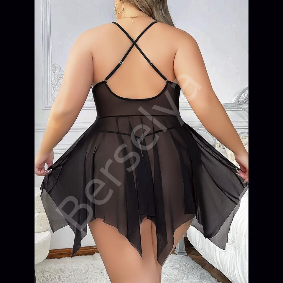 Kadın Siyah Tül Transparan Fantezi Gecelik