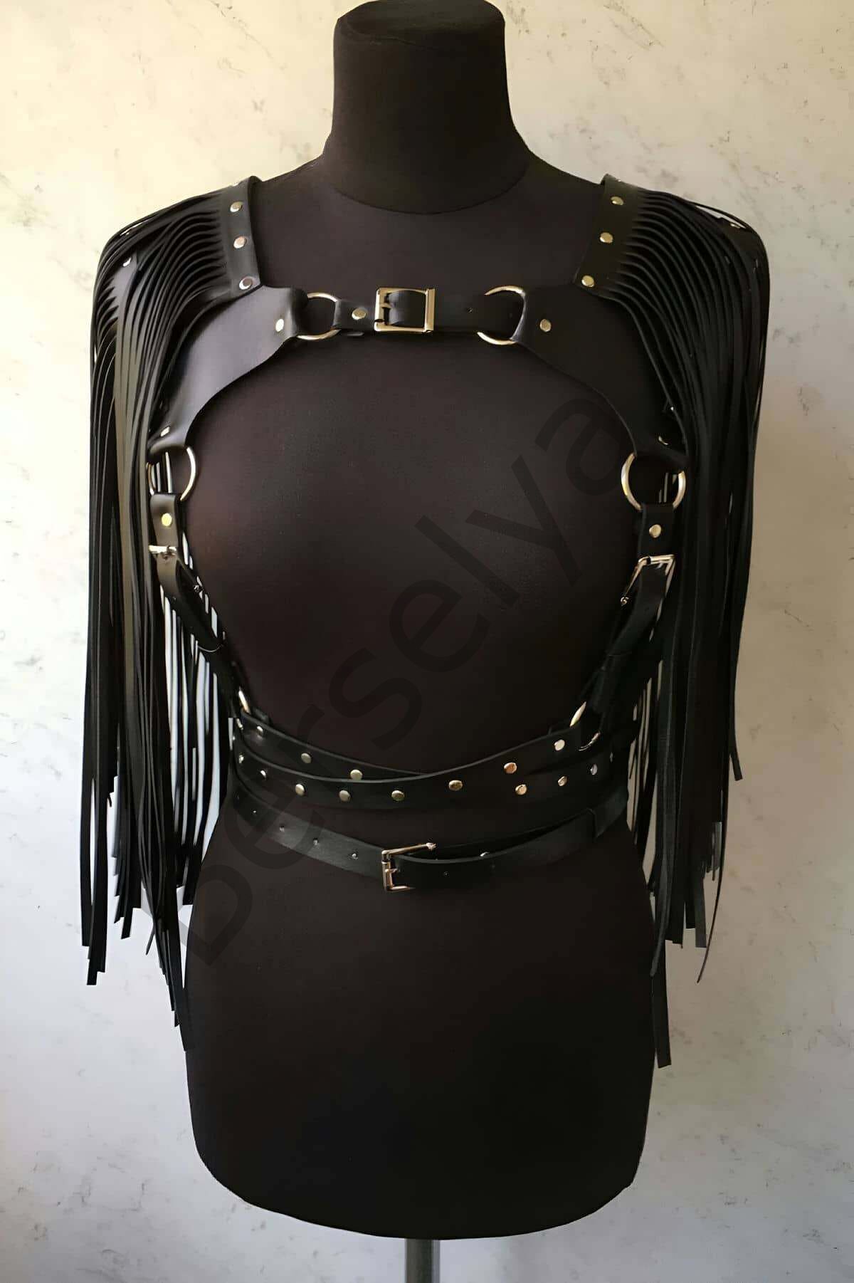 Püsküllü Deri Ceket Harness, Şık Deri Harness Ceket - Brf999