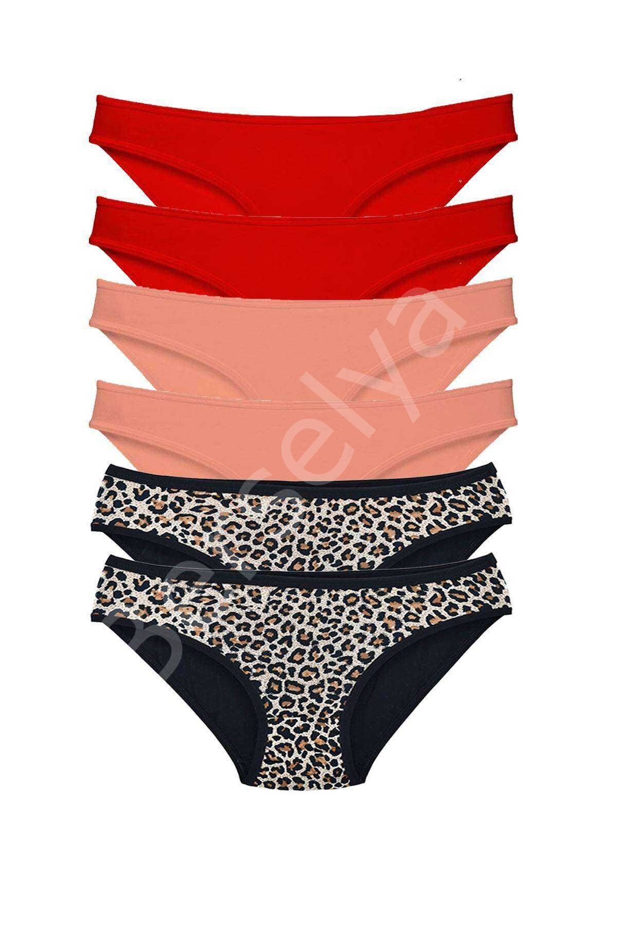 6 Adet Likralı Kadın Slip Külot Leopar Kırmızı Pudra